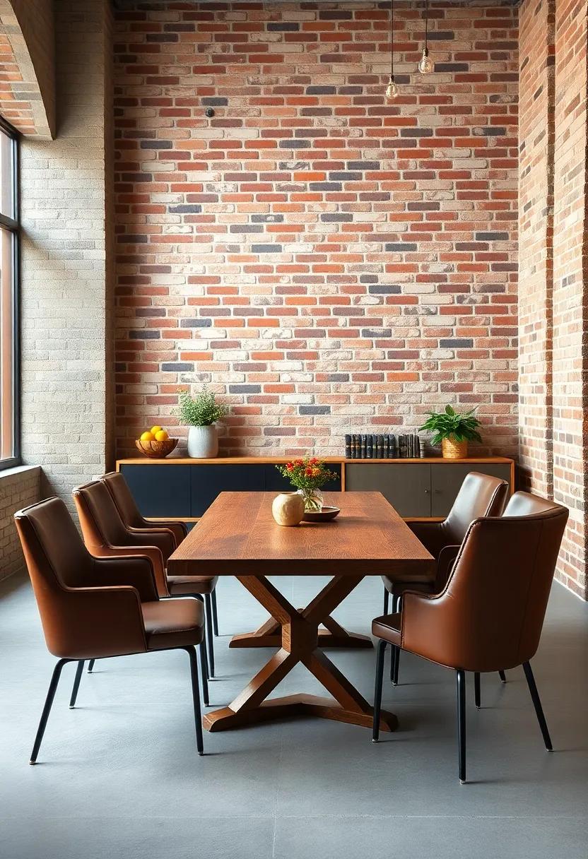 Dining Chairs with Leather Upholstery Arranged Around a Rustic Wooden Table Near a Raw Brick Feature Wall