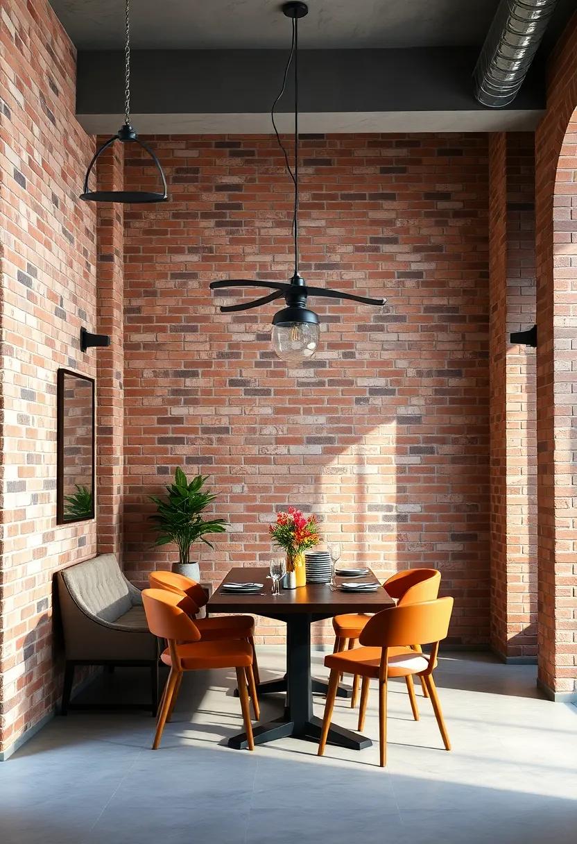 Deep Earth Toned Brick Walls Complemented by Black Iron Light Fixtures in a Contemporary Dining Corner