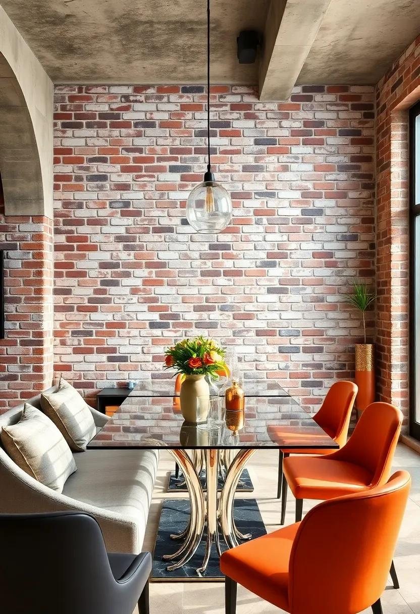 The Fusion of Rustic and Modern: Brick Walls with Shiny Chrome Accents and Sleek Glass Tabletops