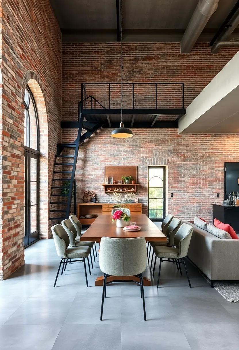 A Sophisticated Dining Space Featuring a Brick Wall with Bold Graphic Art and Metal Dining Chairs