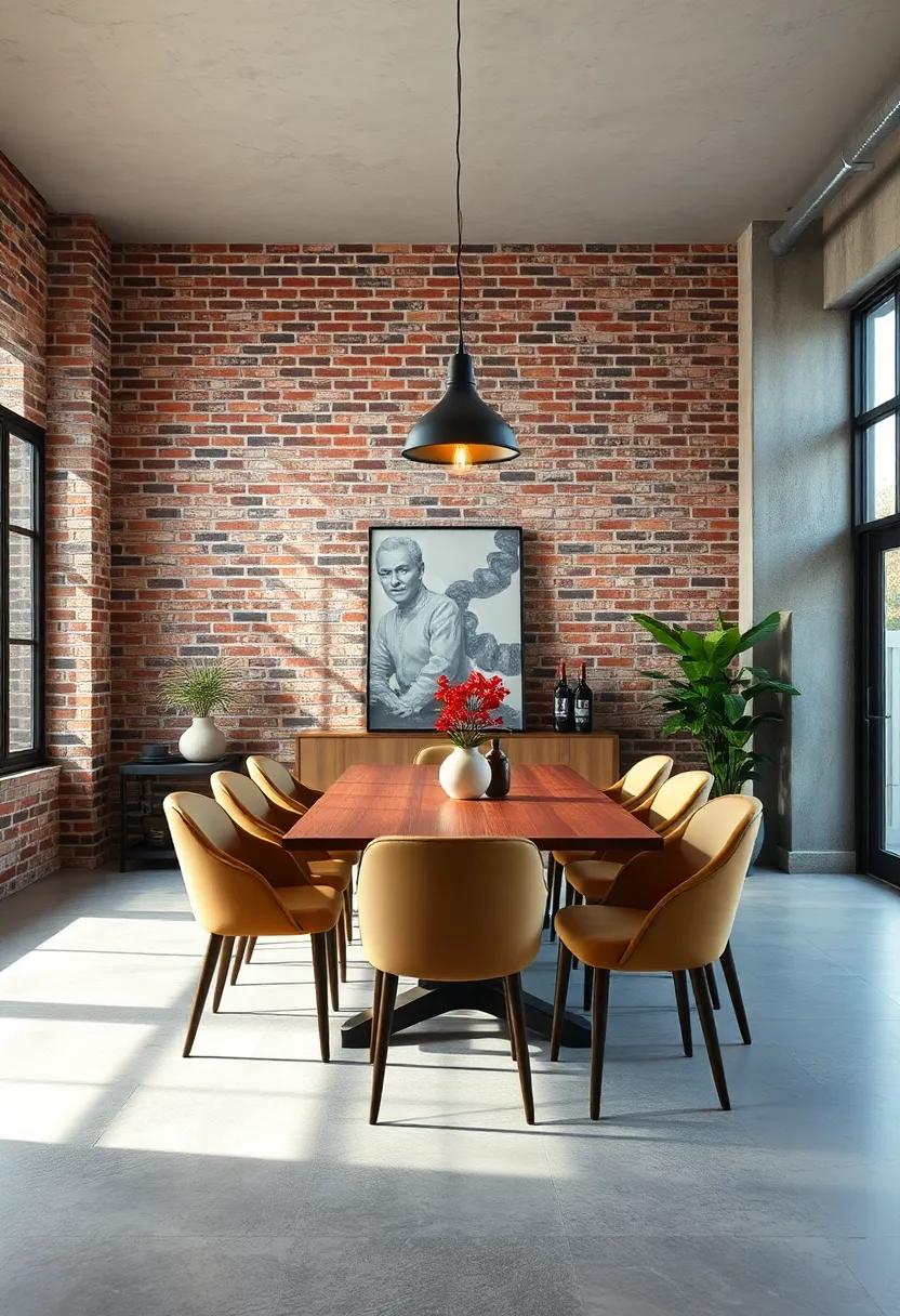 Loft Style Dining Area Showcasing a Textured Brick Wall with Hanging Industrial Pipe Shelves Full of Plants