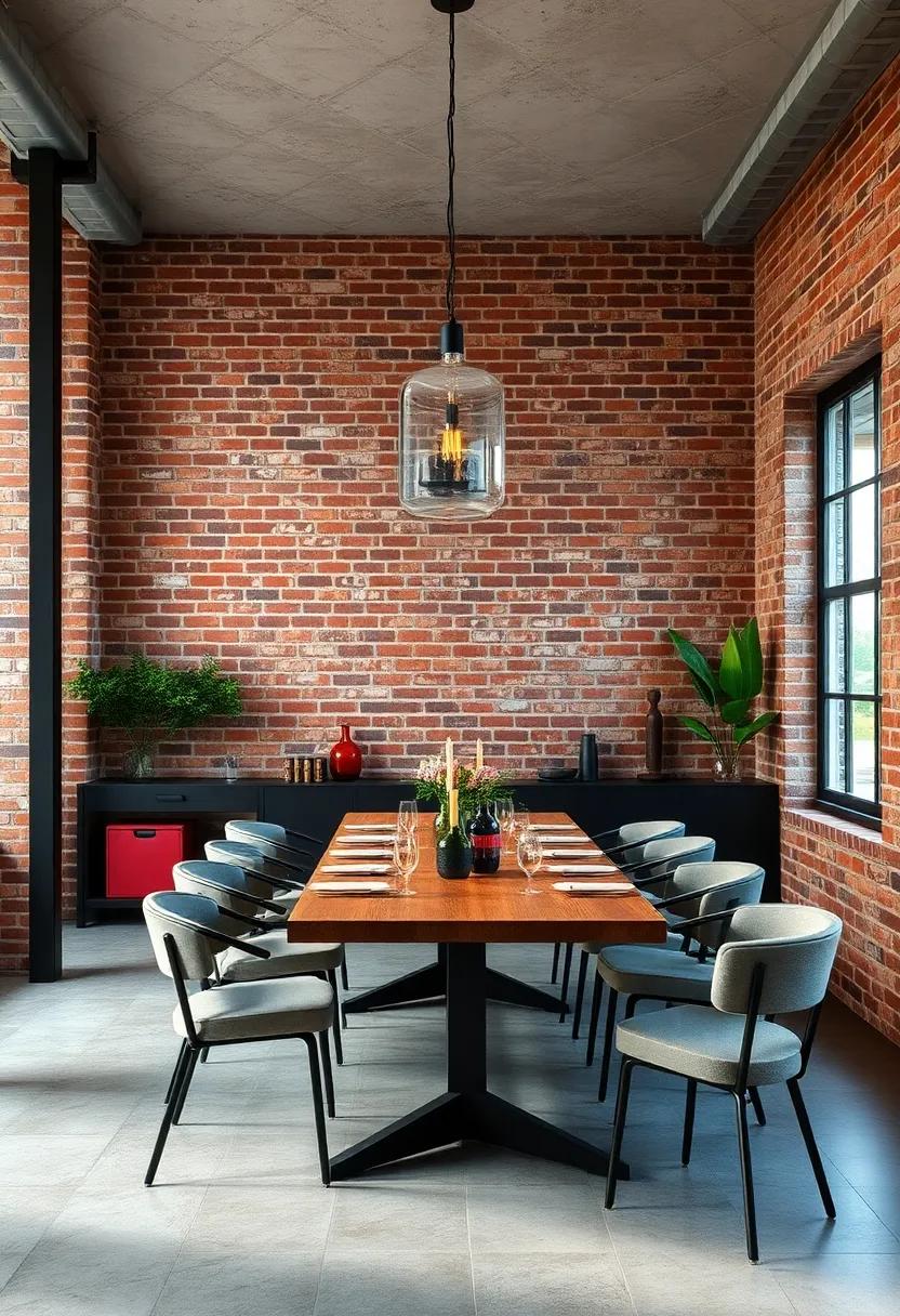 Rustic Red Brick Textures Contrasted with Sleek Metal Fixtures in a Modern Industrial Dining Space