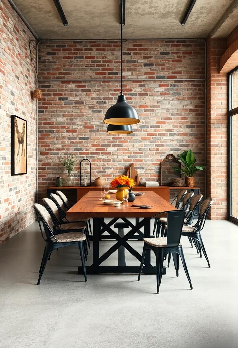 Layered Industrial Materials: Weathered Brick Walls Paired with Reclaimed Wood Dining Tables and Steel Chairs