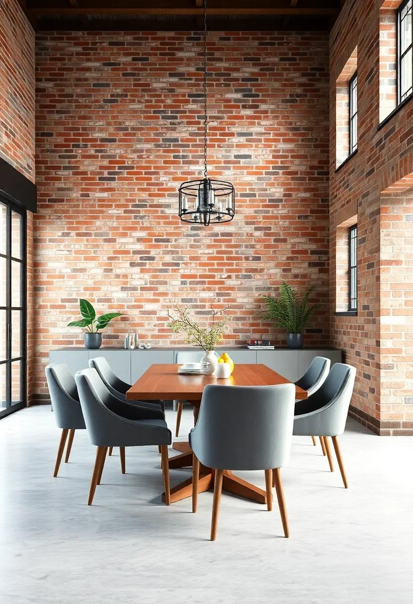 Neutral Palette Dining Room with Exposed Brick Walls and Muted Gray Upholstered Chairs for Subtle Elegance