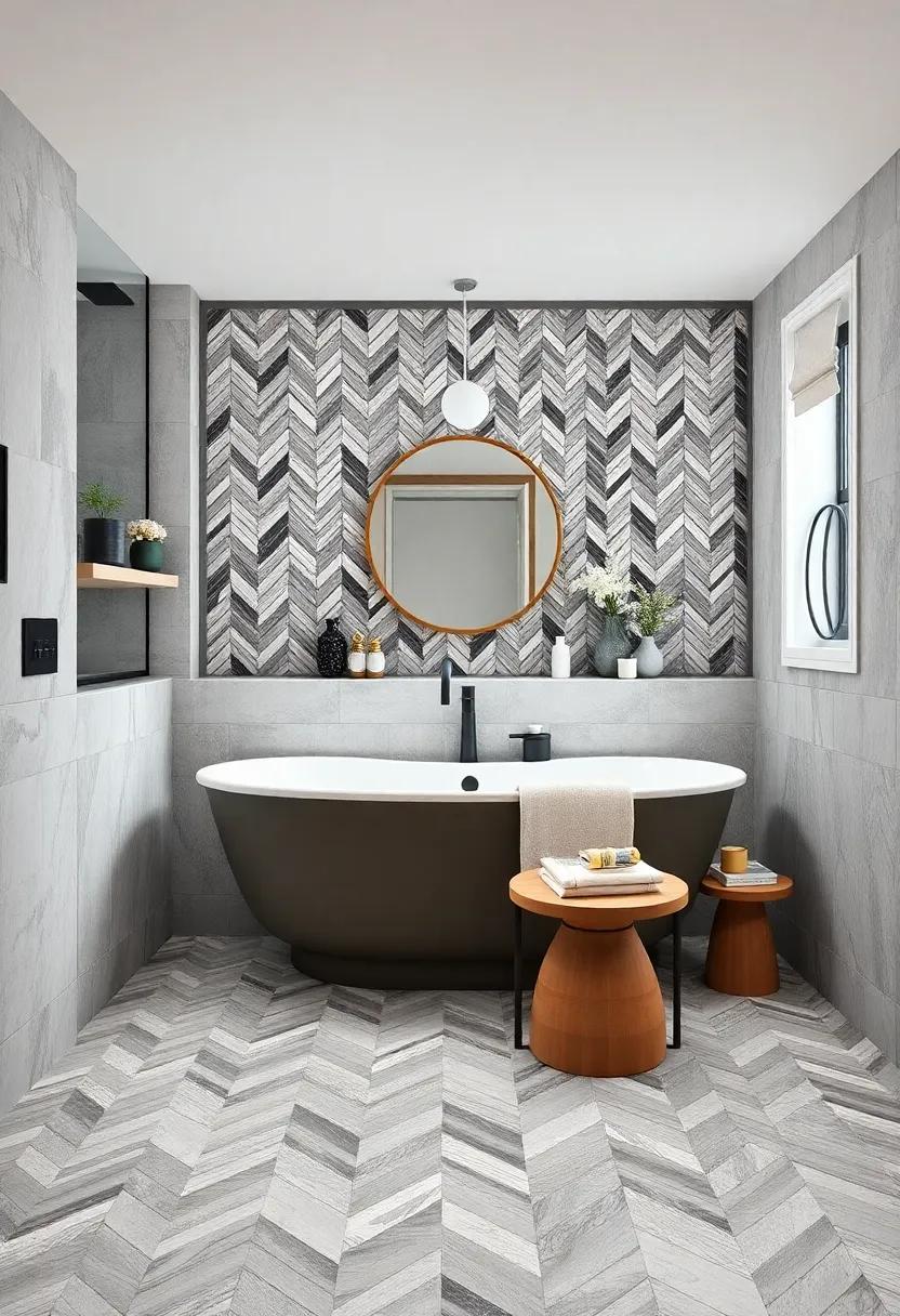 Bold Black and White Herringbone Tiles Extending Up Walls for Impactful Bathroom Character