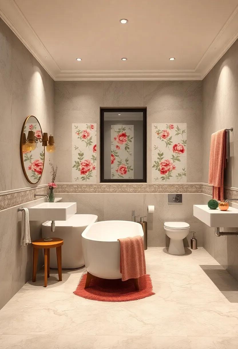 Charming Vintage Floral Tile Insets Creating Boutique Hotel Vibes within Classic Floor-to-Ceiling Design