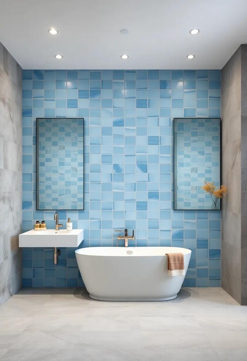 Cool Blue Ceramic Tiles Reflected in Large Frameless Mirrors for an Airy Classic Bathroom Ambience