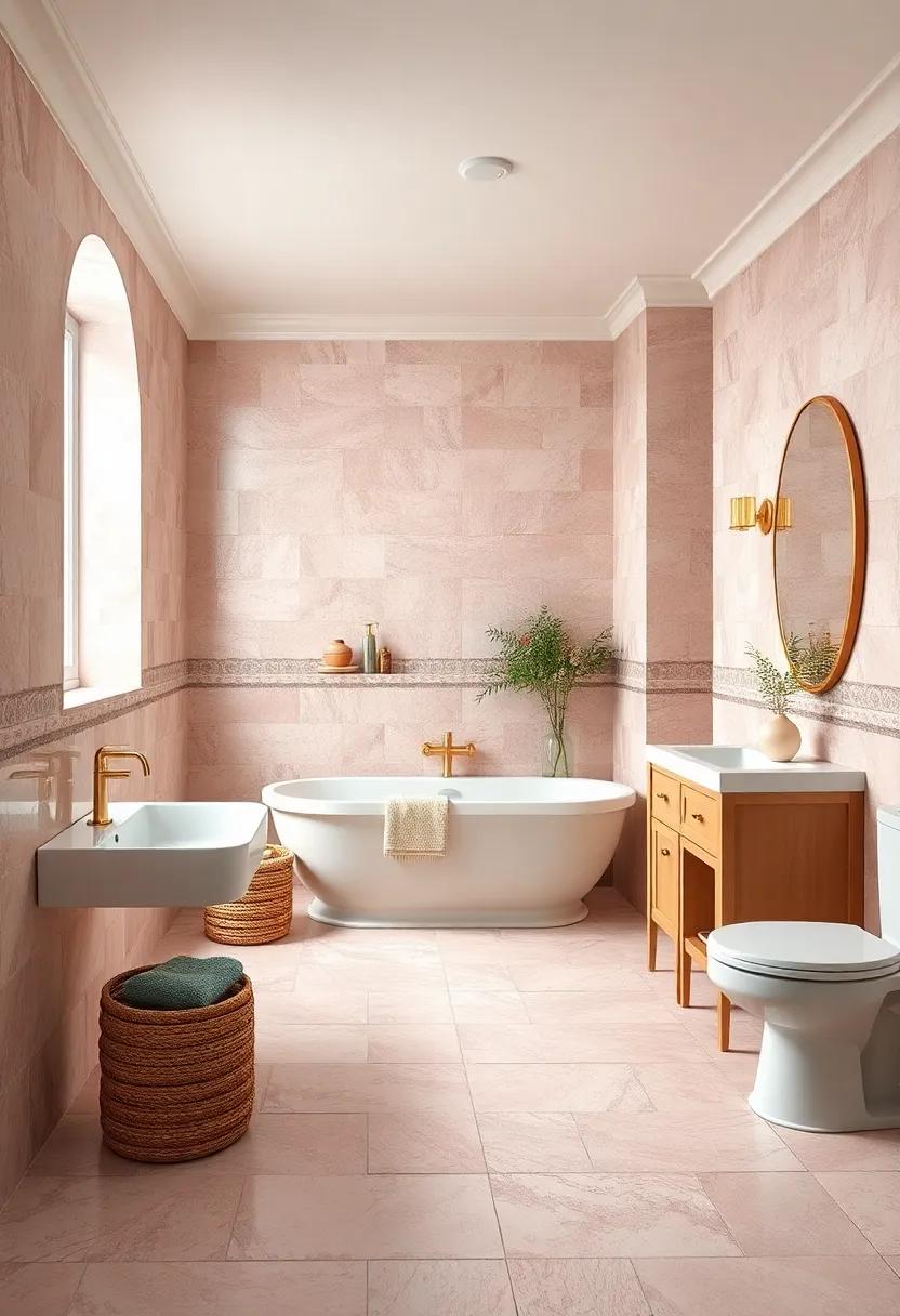 Delicate Pastel Pink Tiles Coupled with Gold Accents to Create a Romantic Vintage Bathroom Atmosphere