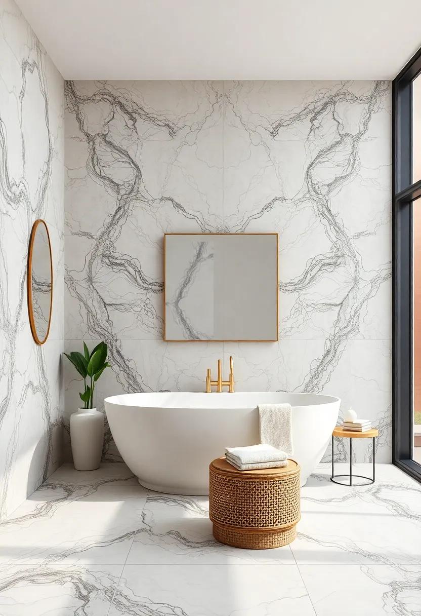 Elegant Marble Patterns Elevating Floor-to-Ceiling Bathroom Walls with Soft Natural Lighting