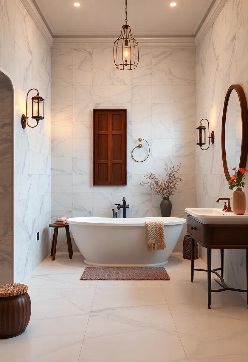 Glossy White Floor-to-Ceiling Tiles Illuminated by Warm Lantern Style Wall Sconces and Candlelight