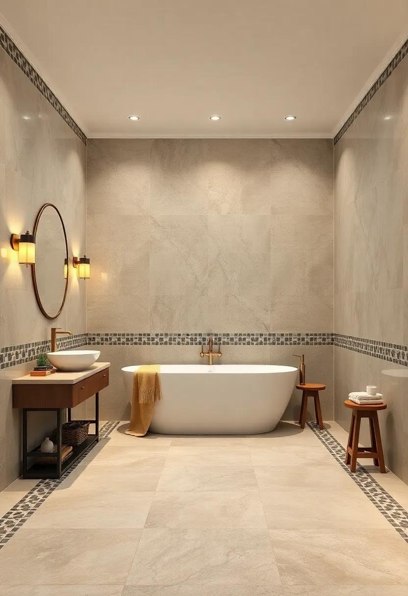 Intricate Mosaic Borders Breaking Up Expansive Floor-to-Ceiling Tile Surfaces with Artistic Flair