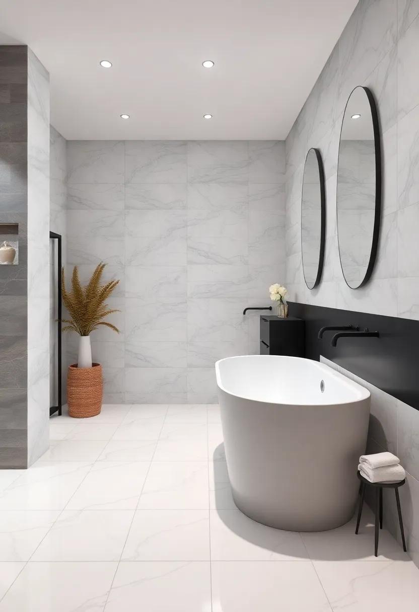 Sleek Matte Black Fixtures Complementing Glossy White Floor-to-Ceiling Tiles for Striking Contrast