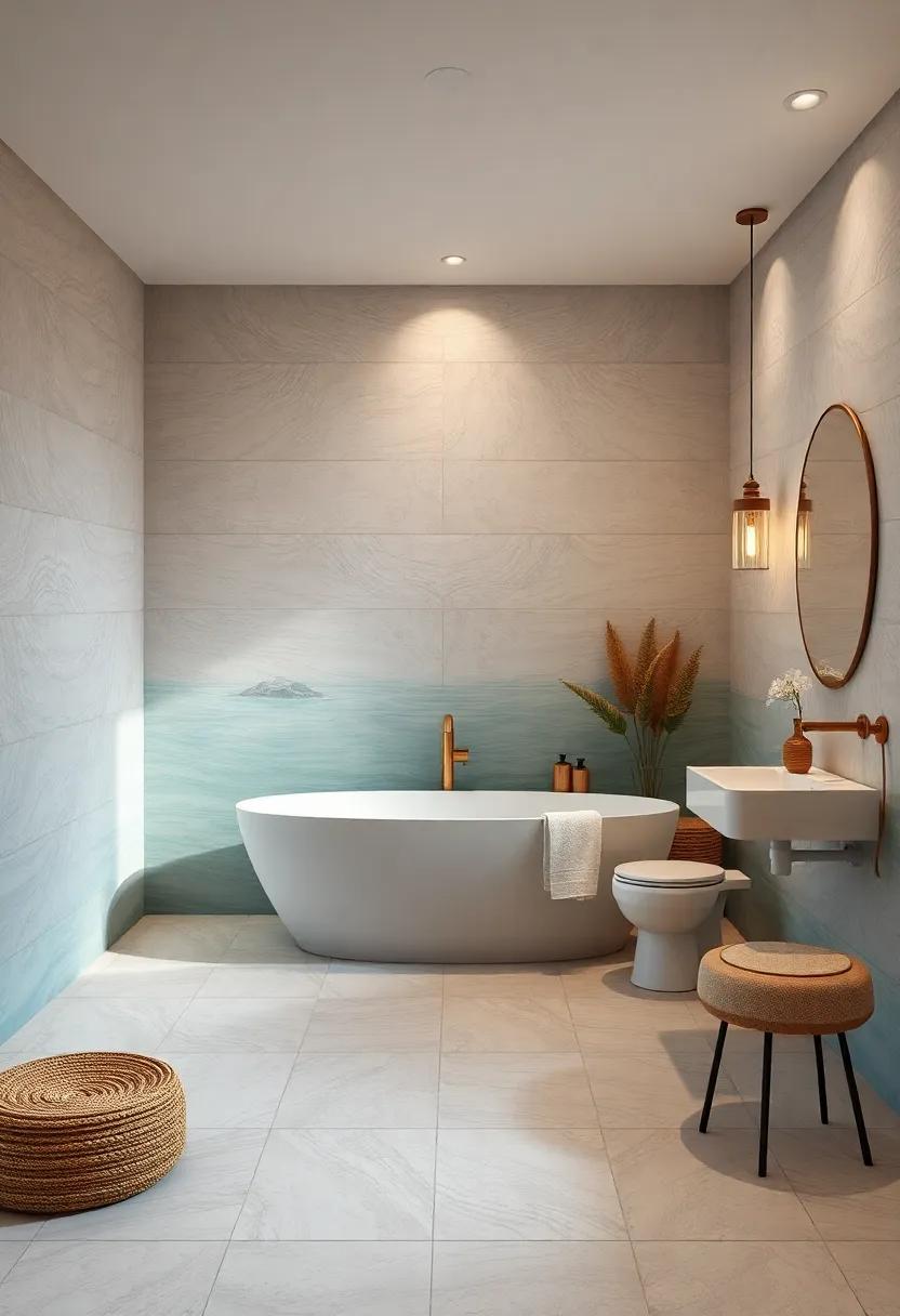 Soft Gradient Floor-to-Ceiling Tiles Evoking a Serene Seascape Mood in a Classic Bathroom Setting