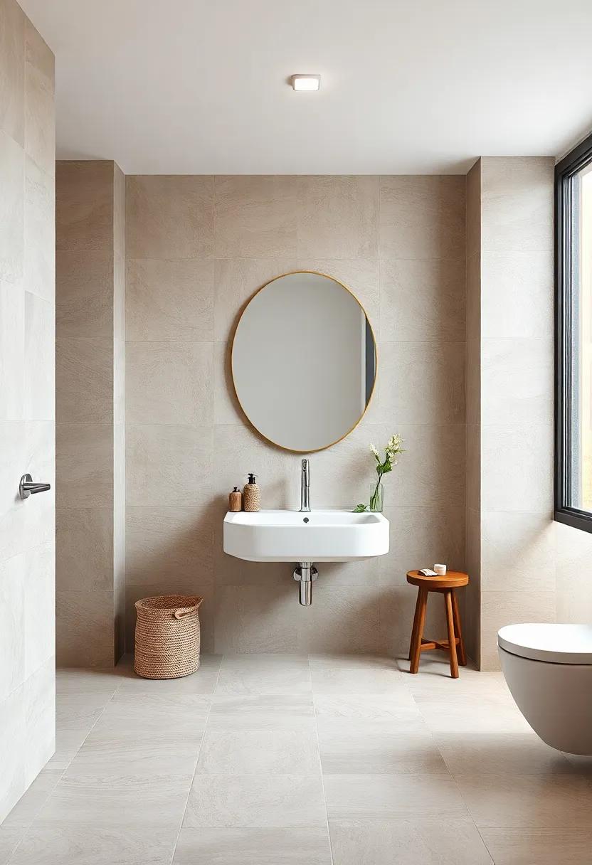 Soft Taupe Tiles with Subtle Veining Framing Classic Freestanding Sink and Polished Chrome Fixtures