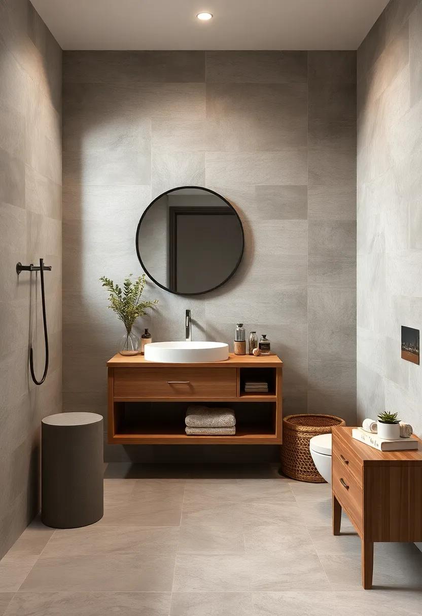 Textured Stone Tiles Combined with Wooden Vanity Elements to Introduce Natural Warmth and Balance
