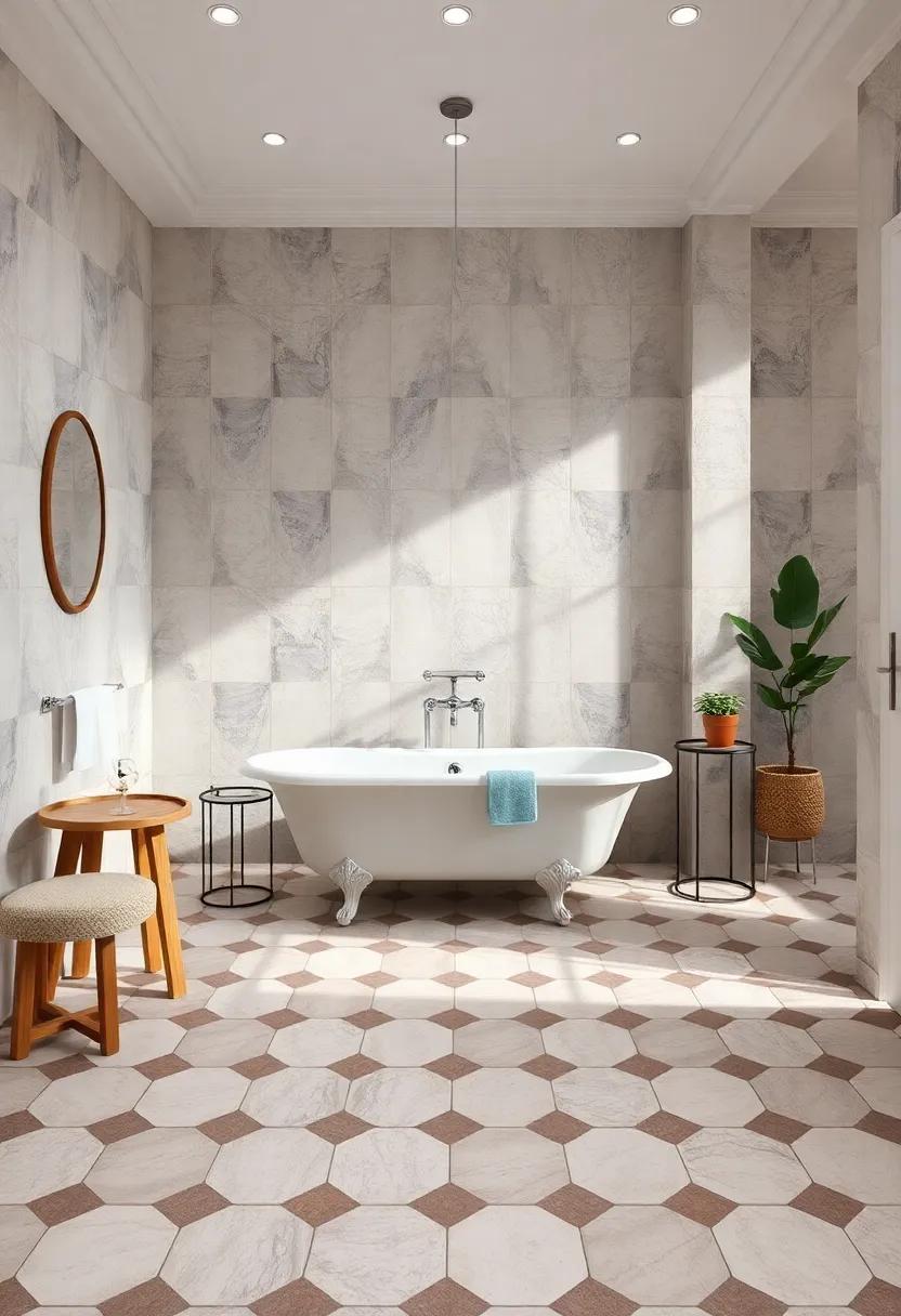 Timeless Checkerboard Tile Pattern Spanning Floor to Ceiling Around Elegant Clawfoot Bathtub