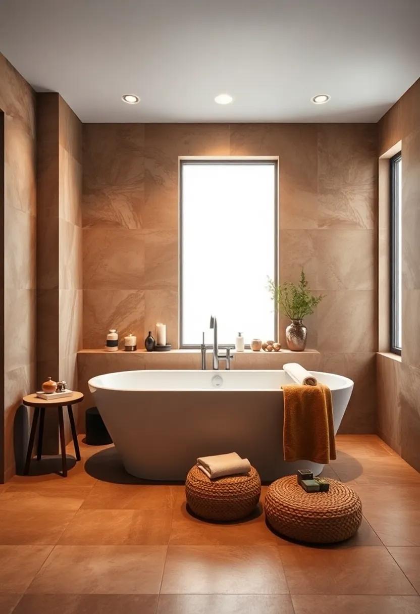 Warm Earth Tone Tiles Surrounding Freestanding Bathtub Creating a Cozy Timeless Retreat