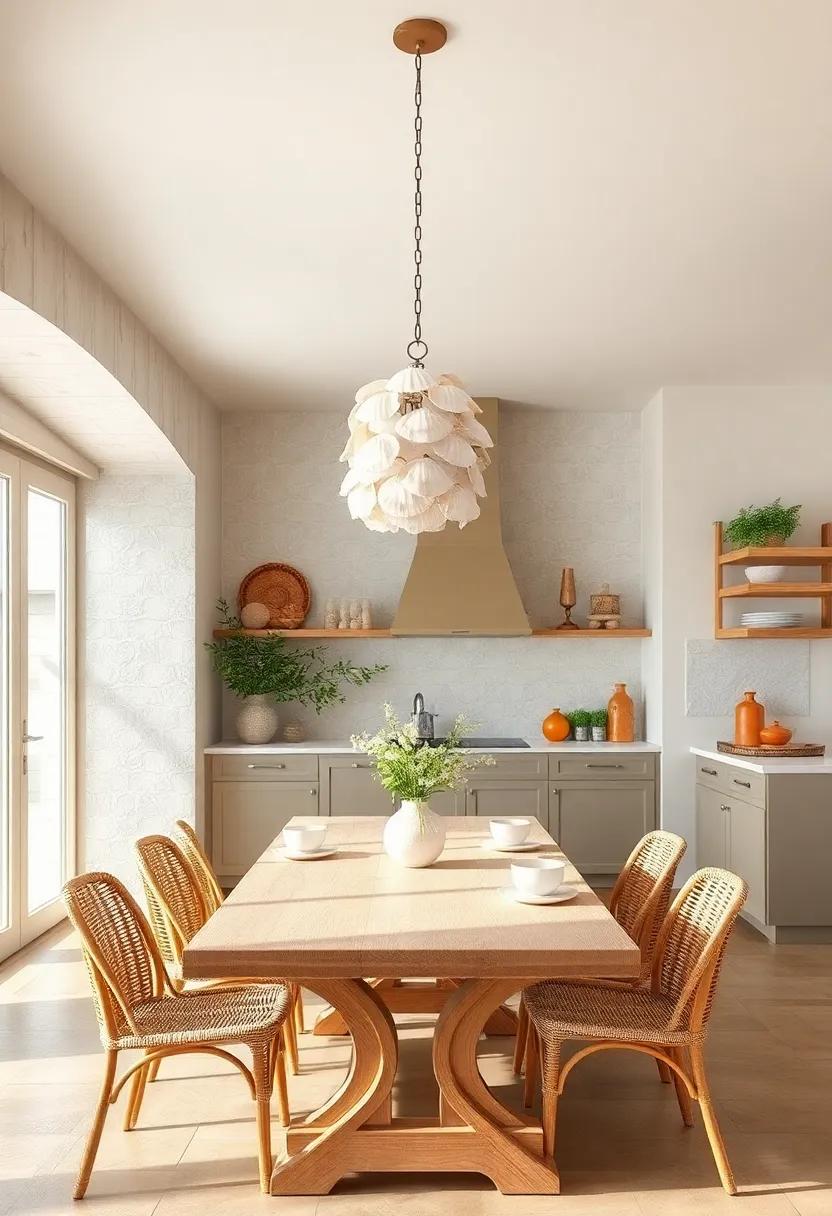 Handcrafted Shell Chandeliers Hanging Above A Light Wooden Kitchen Table With Soft Beach Hues