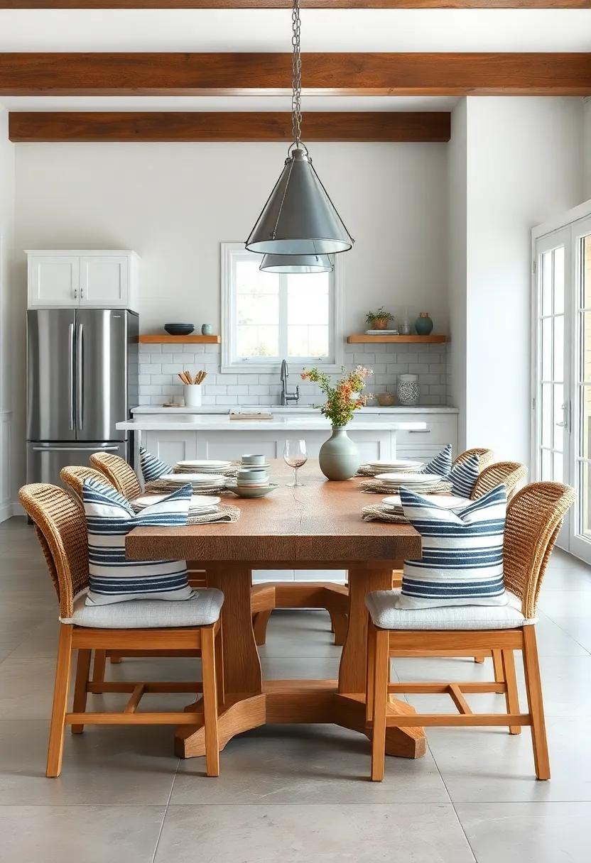 Nautical Stripe Throw Pillows Laid Out Around A Natural Wood Coastal Kitchen Table For Inviting Comfort