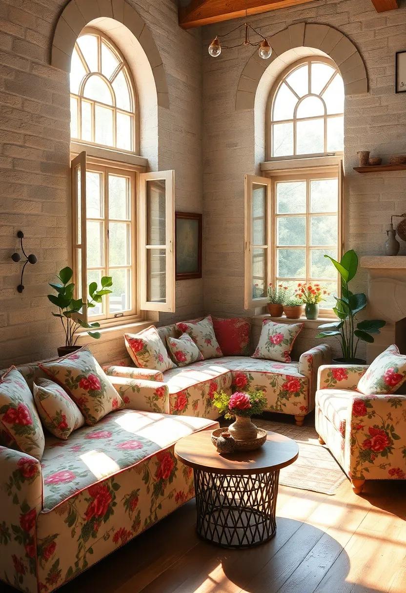 - Sunlit Vintage Windows Casting Warm Light Over a Cozy Floral Sofa Nook