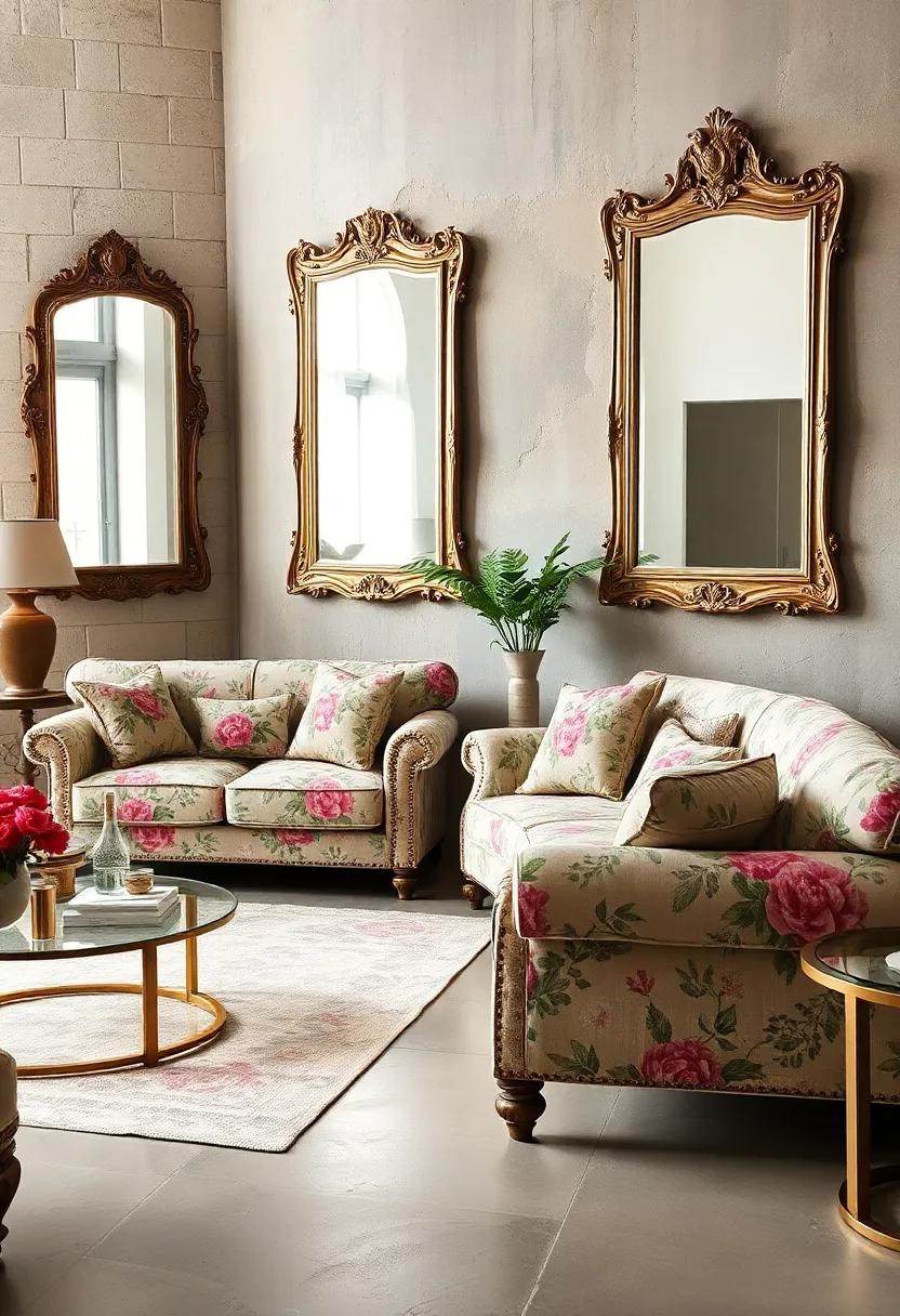 - Antique Mirrors Reflecting Light Across a Room with Floral Sofas and Soft Furnishings