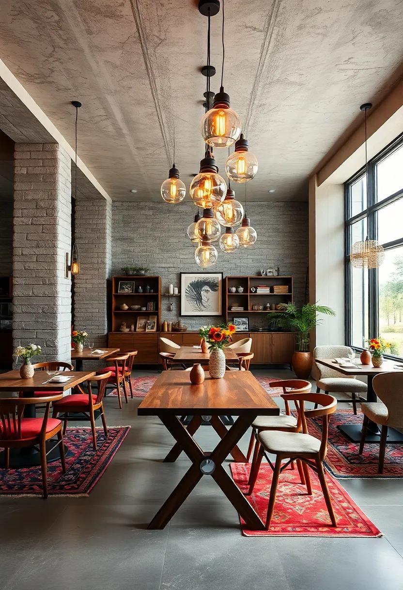 Dining zones featuring a collage of retro glass pendant lamps above reclaimed wood tables and colorful rug patterns