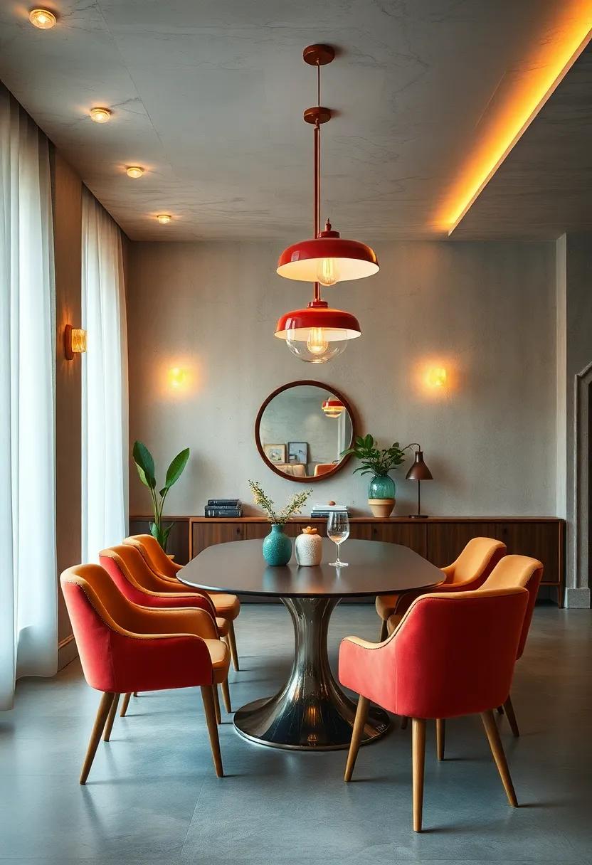 Dining areas that reimagine classic retro task lighting combined with bold wallpapers and sculptural dining chairs