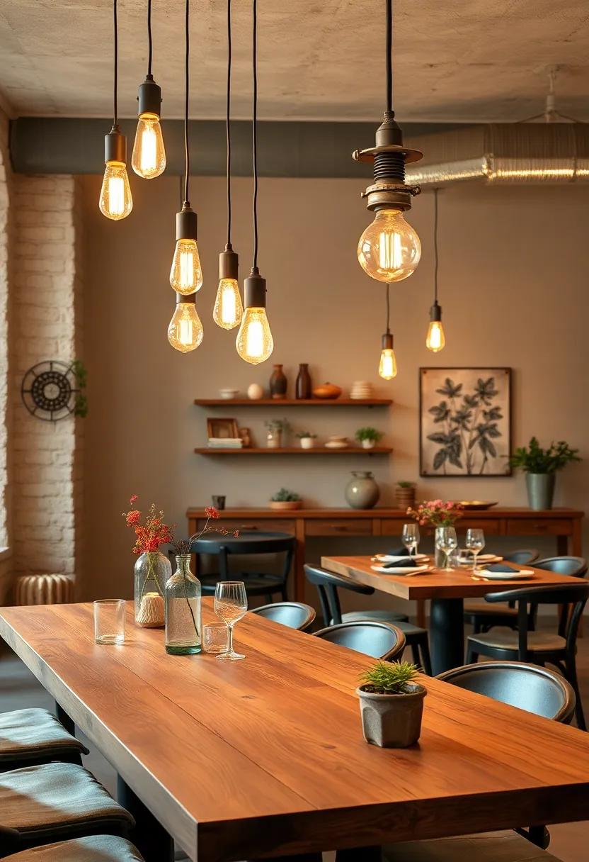 Rustic wooden dining tables paired with oversized retro chandeliers featuring exposed Edison bulbs and metal accents