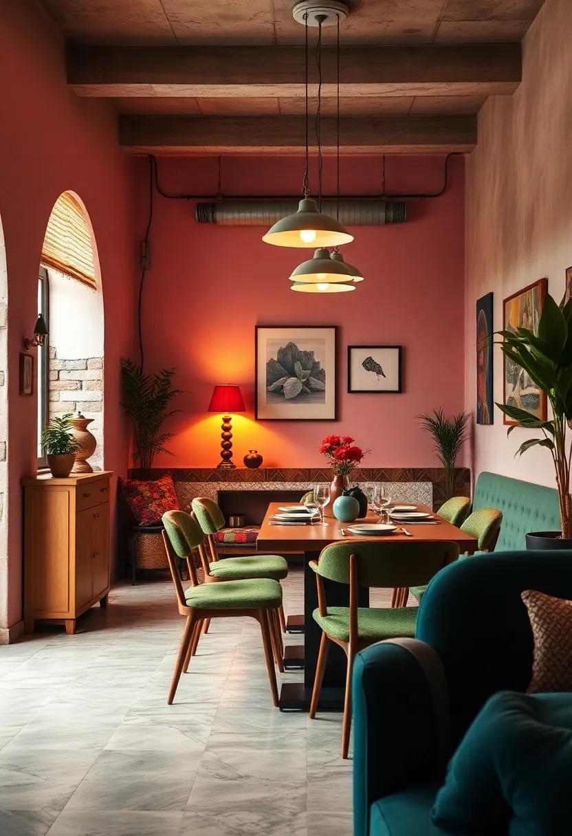 Cosy eclectic environments with layered vintage lamps, pastel walls, and unexpected pops of metallic furnishings