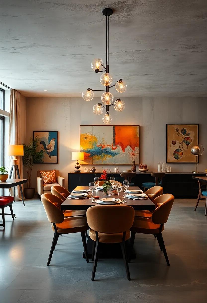 Layered lighting schemes with diverse retro floor lamps creating depth above abstract art-filled dining rooms