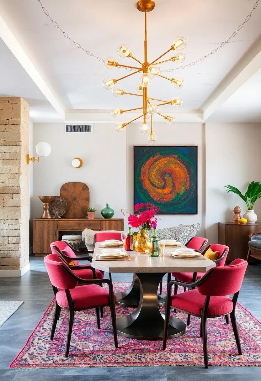 Spaces fusing chrome and brass retro light fixtures with vivid bohemian textiles and sculptural art installations
