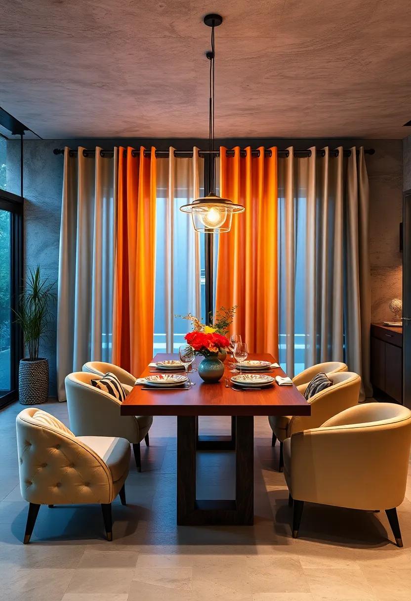 Whimsical retro neon tubes casting playful lights on bold curtains and an eclectic selection of artisanal dinnerware