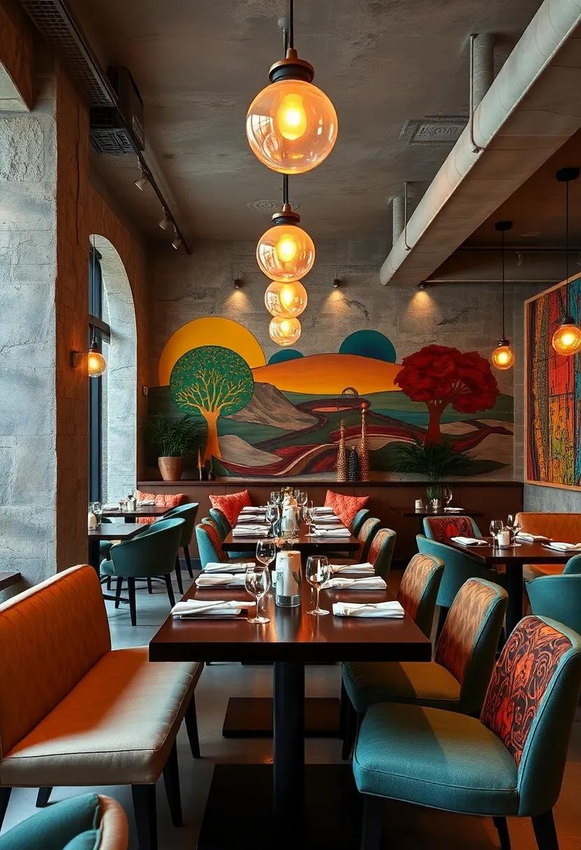 Upscale dining spaces mixing chrome, wood, and retro lighting with vibrant painted murals and handmade textiles