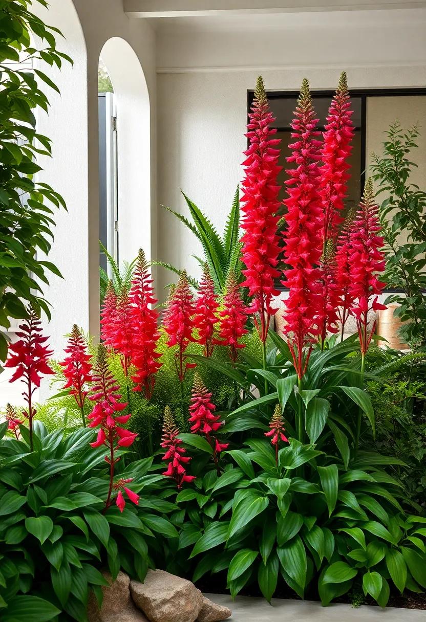 Lush Green Foliage Surrounding Bright Scarlet Salvias That Act as Natural Hummingbird Magnets
