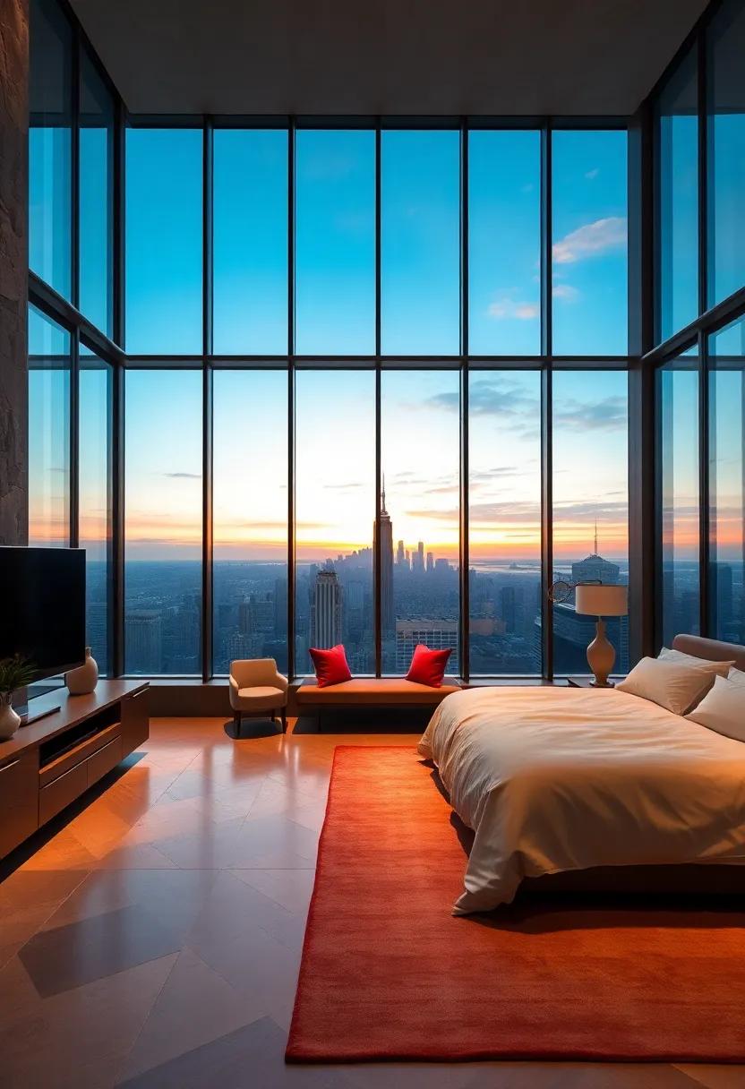 Elevated Elegance Captured Through Floor-To-Ceiling Panoramic Glass Walls Framing A City Skyline At Sunset