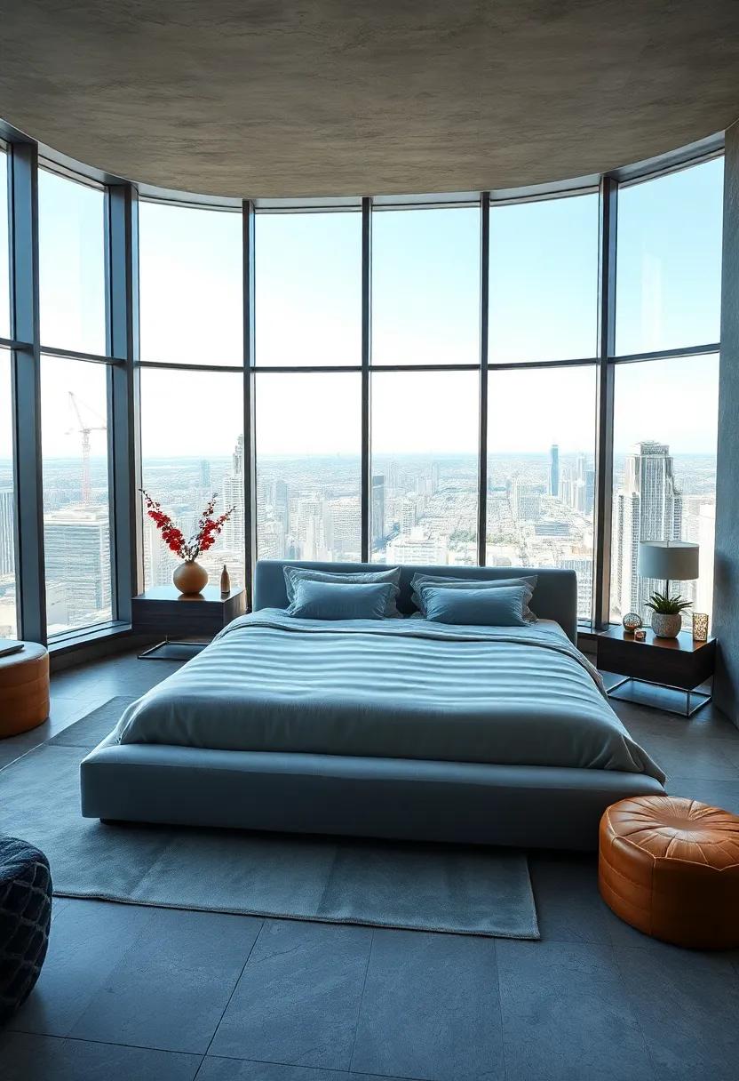 Sumptuous King-Sized Bed With Plush Velvet Upholstery Set Against A Backdrop Of Wrap-Around Glass Windows