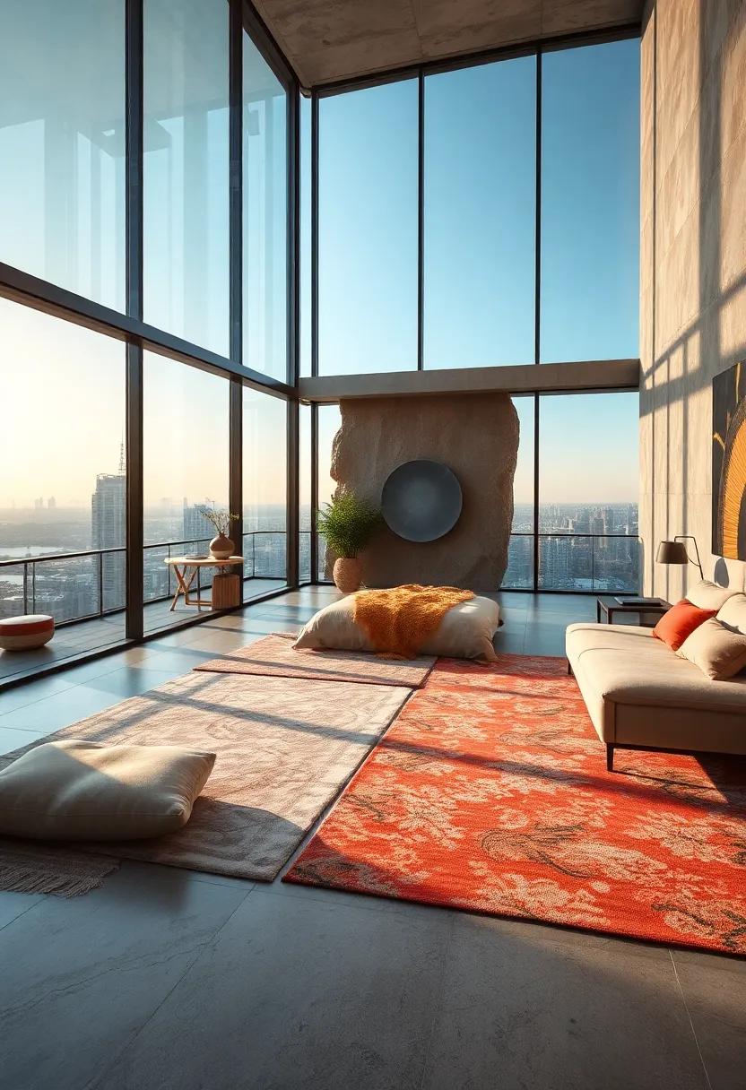 Designer Rugs Creating Cozy Zones Within The Expansive Glass-Enclosed Bedroom Environment