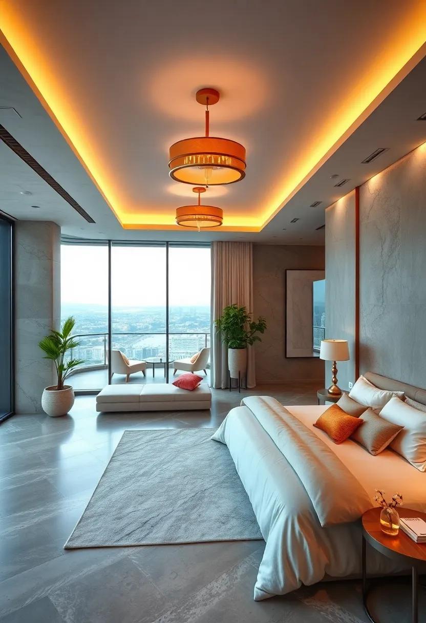 Opulent Lighting Fixtures Casting A Warm Ambient Glow Over An Expansive Bedroom With Expansive Glass Views