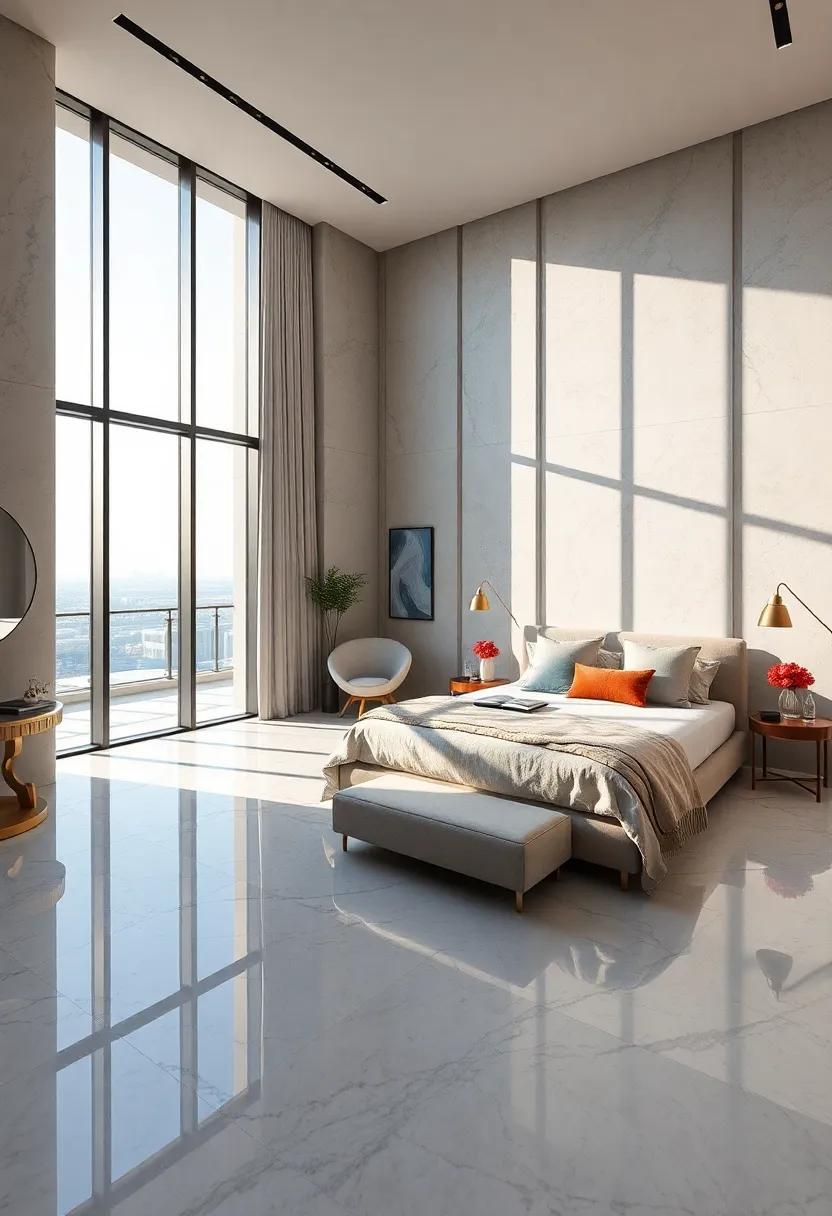 Polished Marble Flooring Reflecting Natural Light And Complementing The Sleek Architectural Elements Of The Room