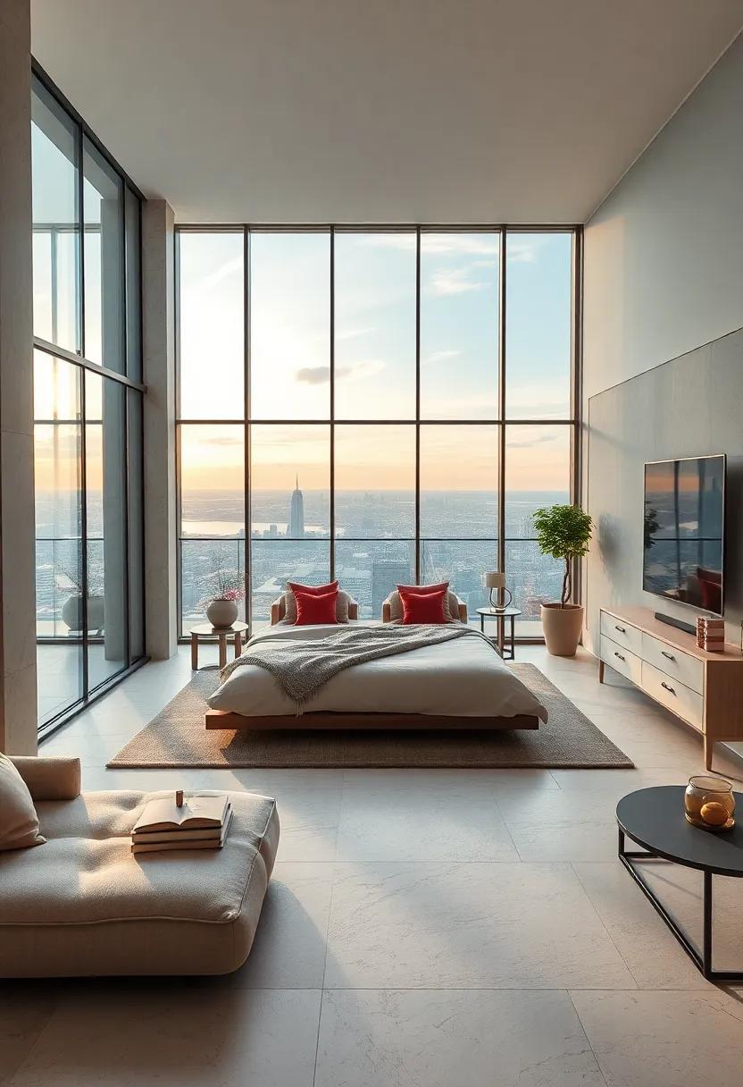 Luxurious Master Bedroom Featuring A Sleek Minimalist Design And Ultra-Soft Textured Fabrics In Neutral Tones