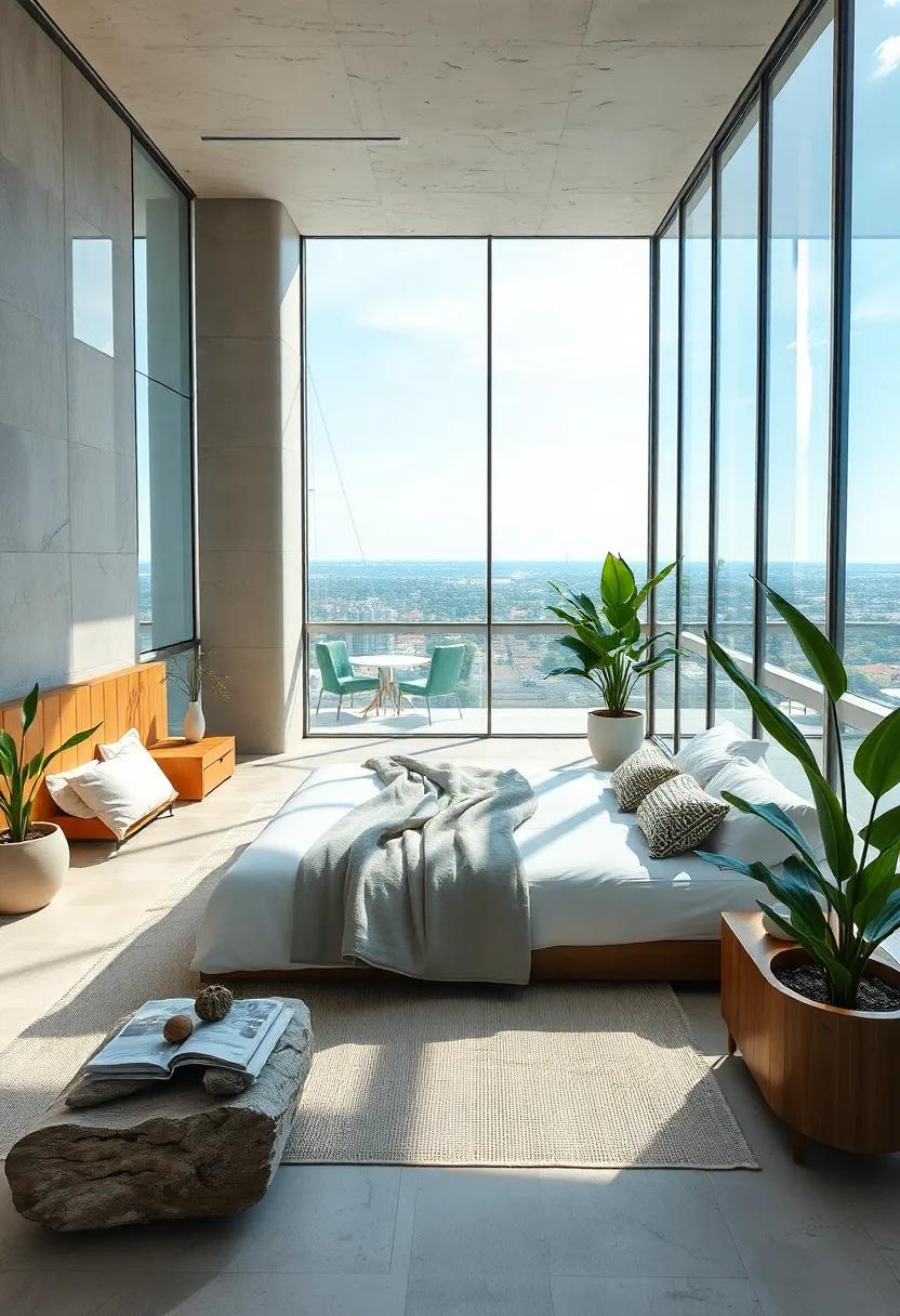 Artful Use Of Natural Elements Like Potted Greenery And Driftwood To Soften The Modern Glass Architecture