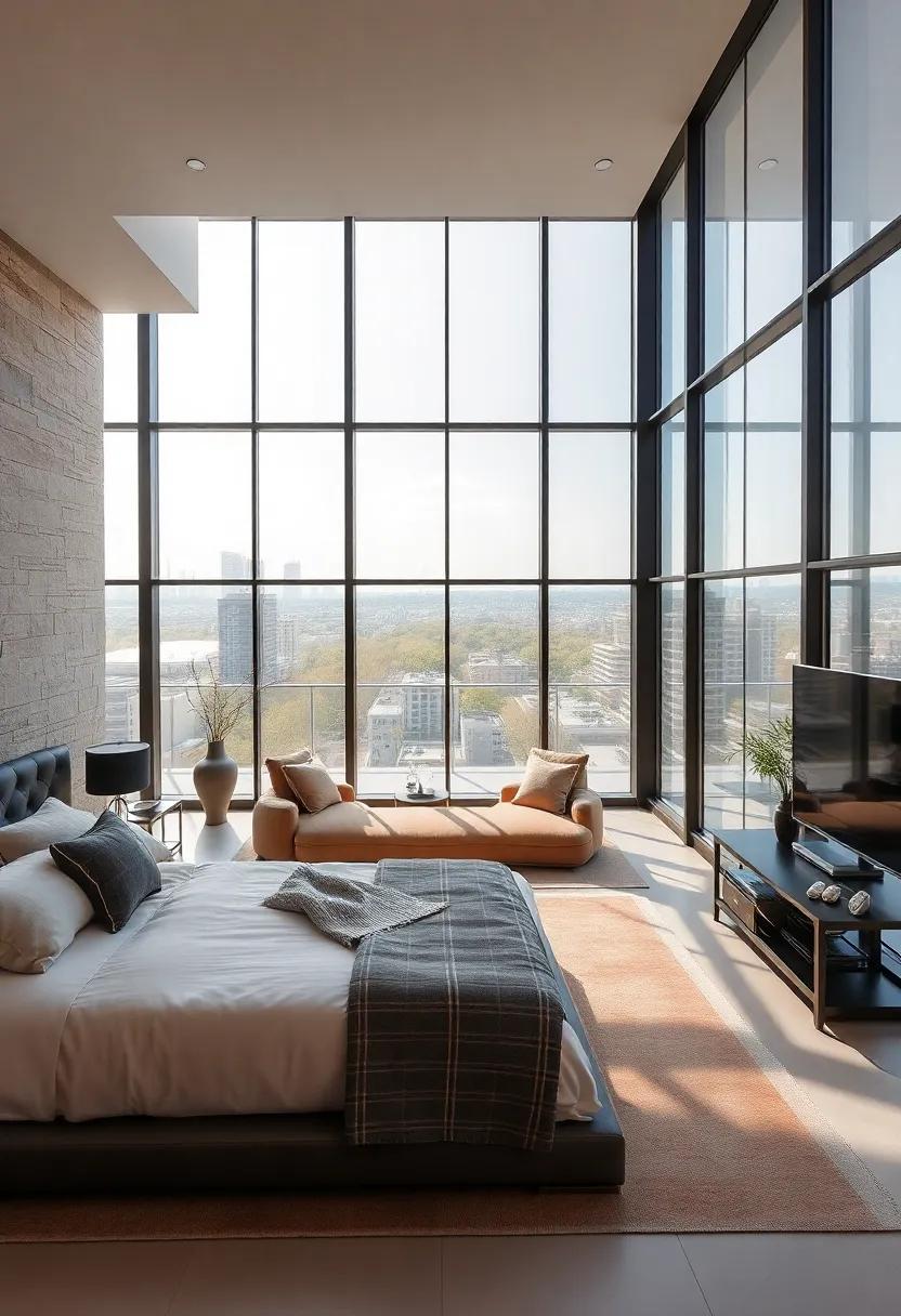 Custom-Built Walk-In Closet Featuring High Gloss Finishes Positioned Adjacent To The Glass Paneled Bedroom