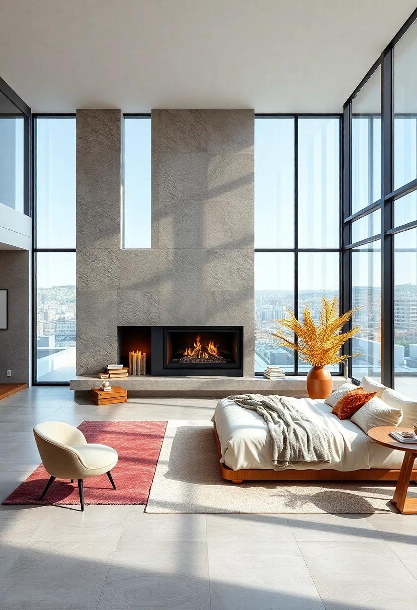 Modern Fireplace With Clean Lines Providing Cozy Warmth In A Glass-Walled Penthouse Bedroom Sanctuary