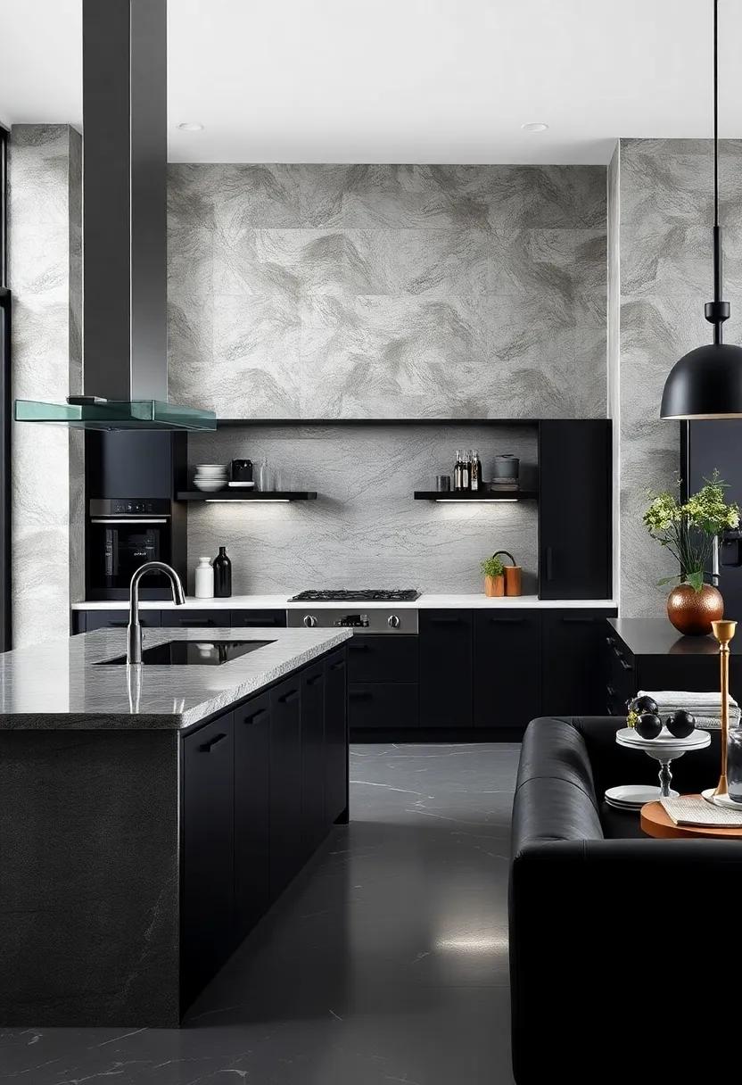 Contrasting Textures in Black Kitchens Balancing Soft Fabrics and Sleek Stone for Visual Intrigue