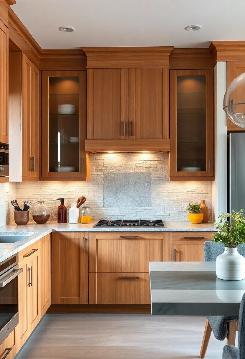 Maple Kitchen Cabinetry Blended with Textured Backsplash Tiles Creating a Visual Symphony of Colors