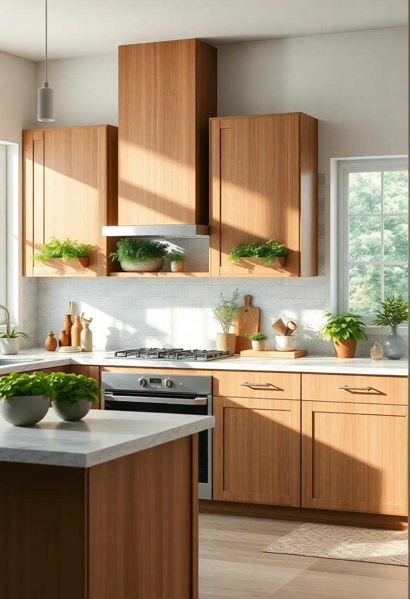 Sunlit Kitchen Boasting Maple Cabinets and Fresh Herb Displays in Window Boxes Invoking Nature