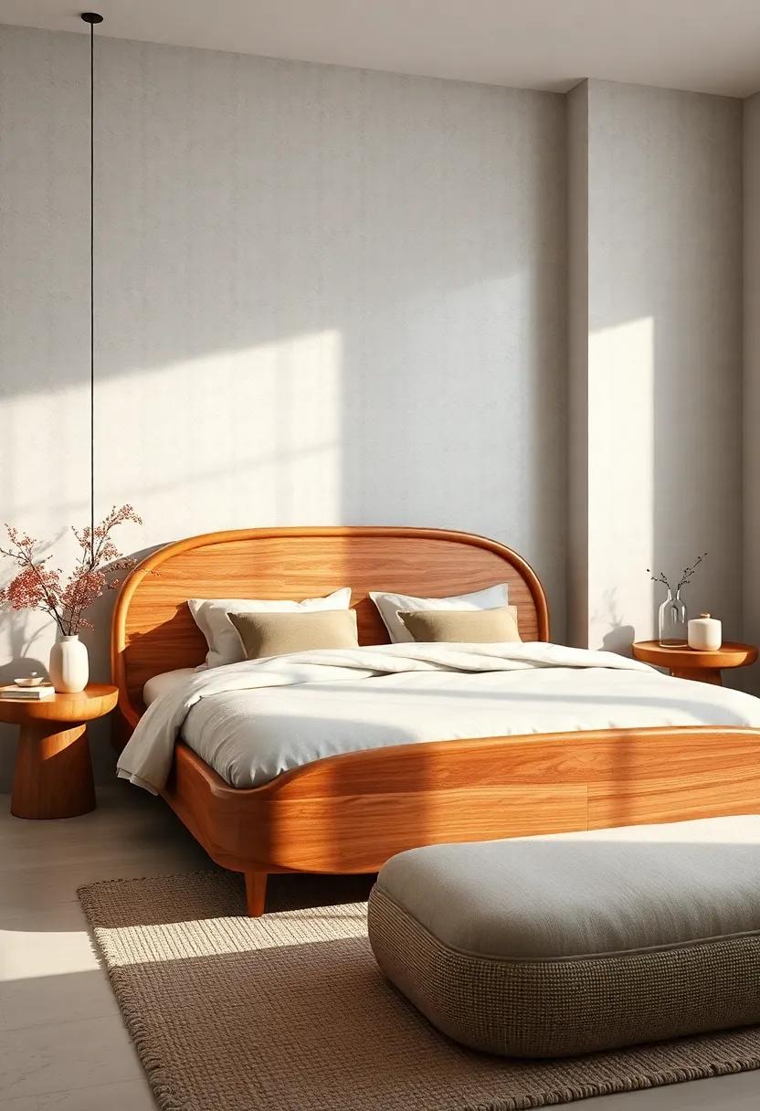 Rounded Wooden Bed Frame Accentuated by Gentle Curves and Soft Light Textures