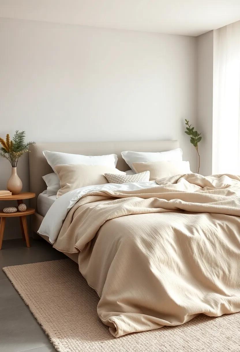 Soft Focus on Layered Blankets and Pillows in Shades of Cream, Beige, and Pale Gray