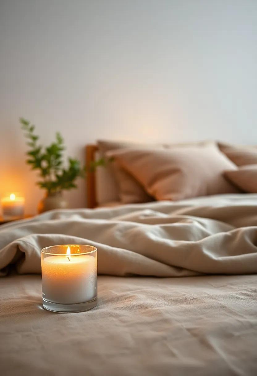 Scented Soy Candles in Frosted Holders Emitting a Subtle Glow in a Quiet Bedroom Scene