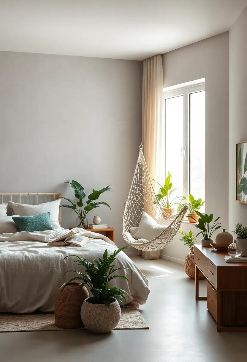 Calm Corner Reading Nook with a Hammock Chair Surrounded by Potted Greenery